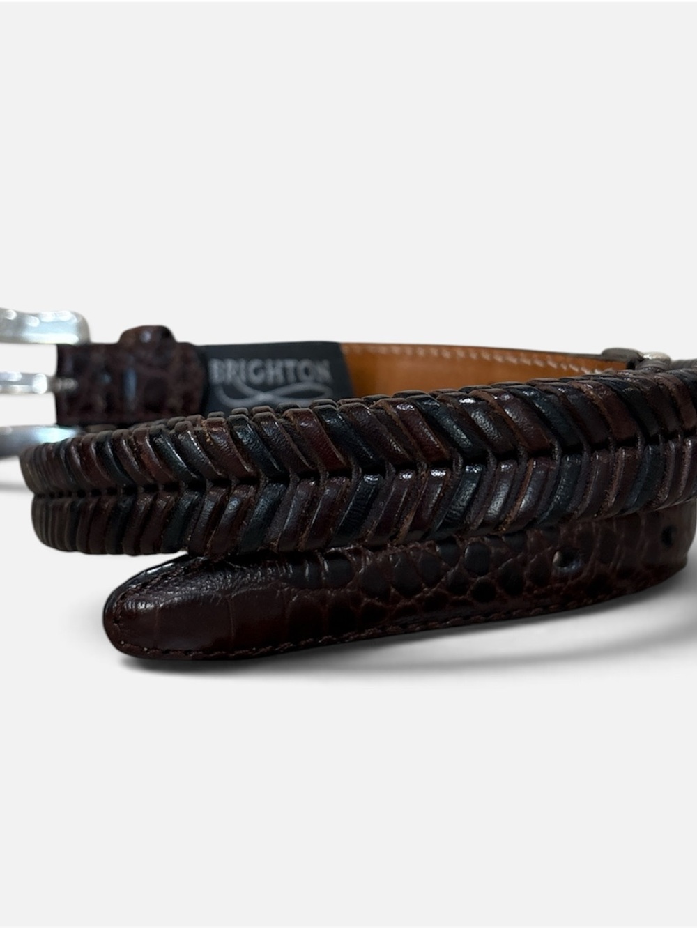 Brighton Brown Croc Embossed Braided Leather Belt L 38 Silver Buckle 1in - Picture 4 of 7